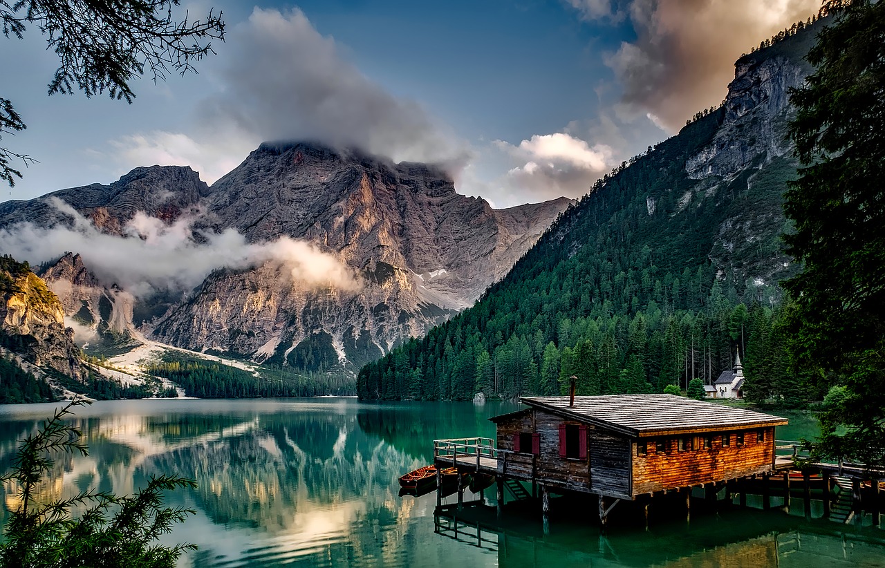 Lake cottage at sunset