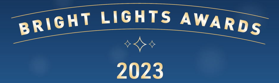 Bright Lights 2023 header- gold text on dark blue background with gold stars