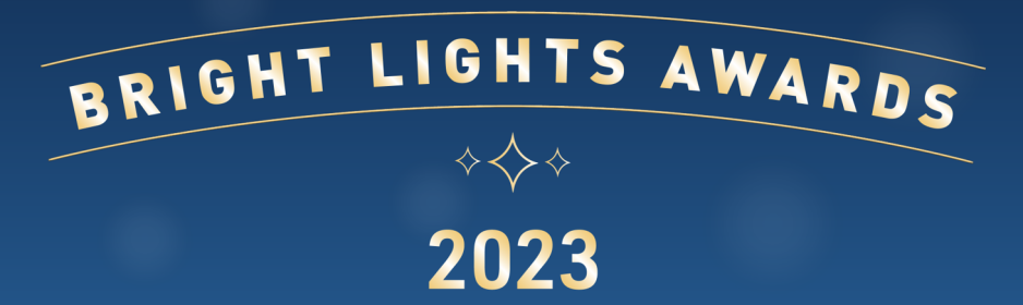 Bright Lights 2023 header Bright Lights 2023 header- gold text on dark blue background with gold stars